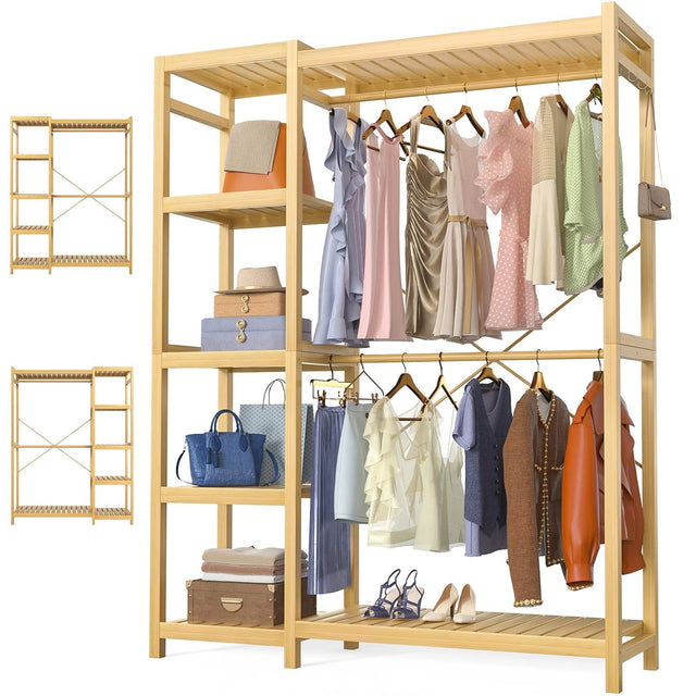 Front. Aheaplus - Heavy Duty Bamboo Garment Rack: Double Rods, 7 Adjustable Shelves, 4 Hooks - Freestanding Closet Organizer - Natural.