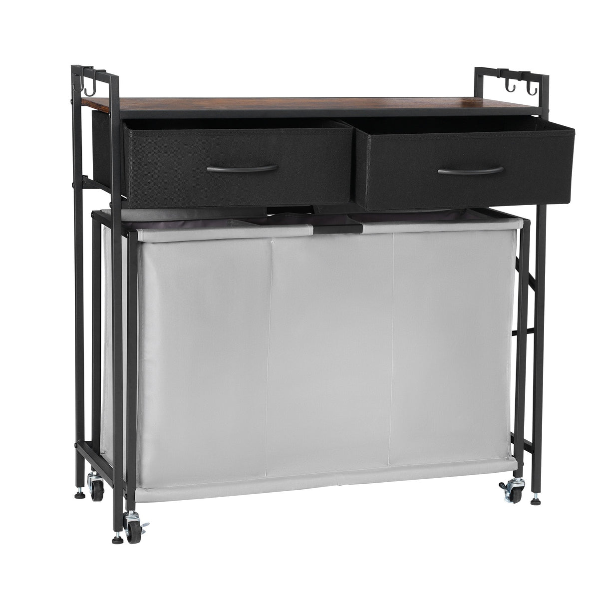 VEVOR - 3 Section Laundry Sorter, Rolling Laundry Hamper with 2 Drawers, Hooks & Wheels, Rolling Basket Organizer Storage - Black,Brown