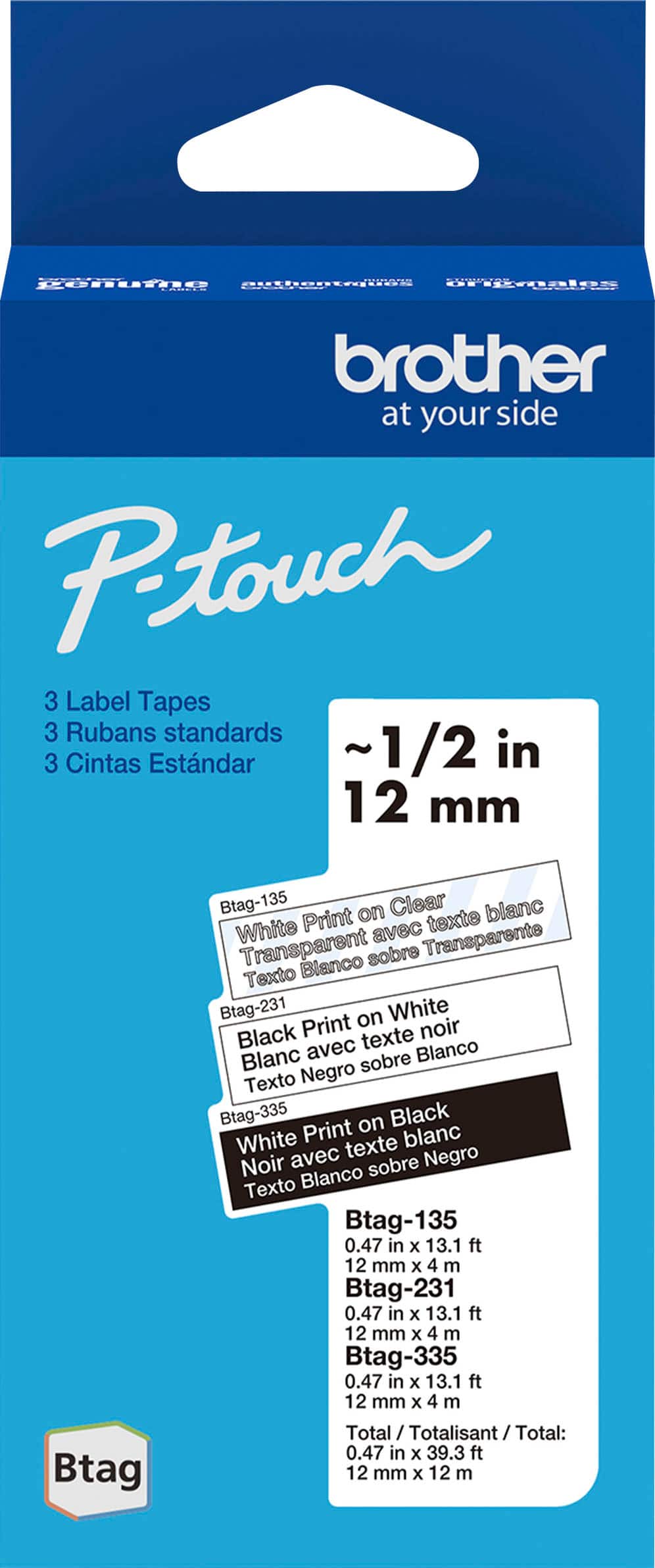 Brother - P-touch Btag 3-Pack Label Tape (BTAG-3M01), 1/2" x 13.1’ (12mm x 4m), White on Clear, Black on White, White on Black