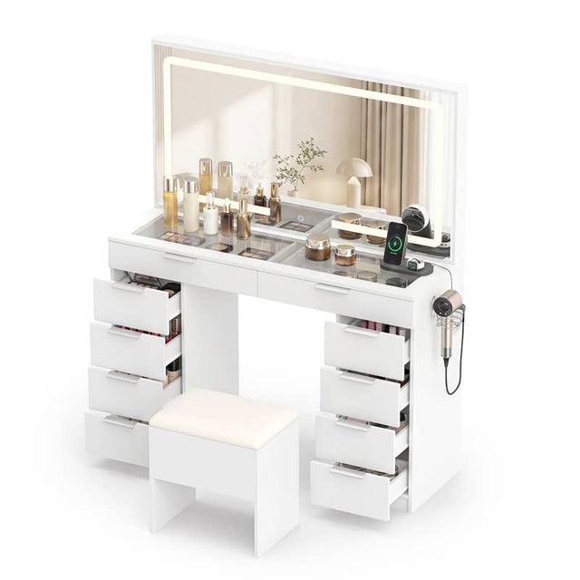 Front. WELLFOR - Makeup Vanity Desk with 3‑Color Lighted Mirror,Charging Station,10 Drawers,Glass Tabletop and Padded Stool for Bedroom - White.