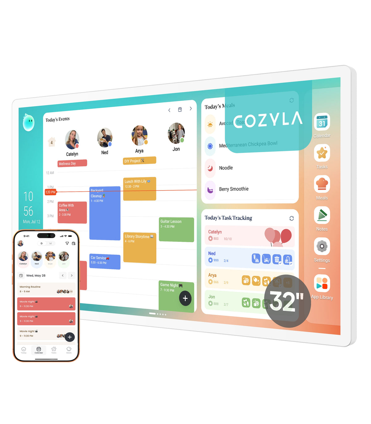 Cozyla - Digital Calendar+2: 32'' Wall Planner Touch Screen Chore Chart Smart Calendar for Family Schedules Support App Store - White