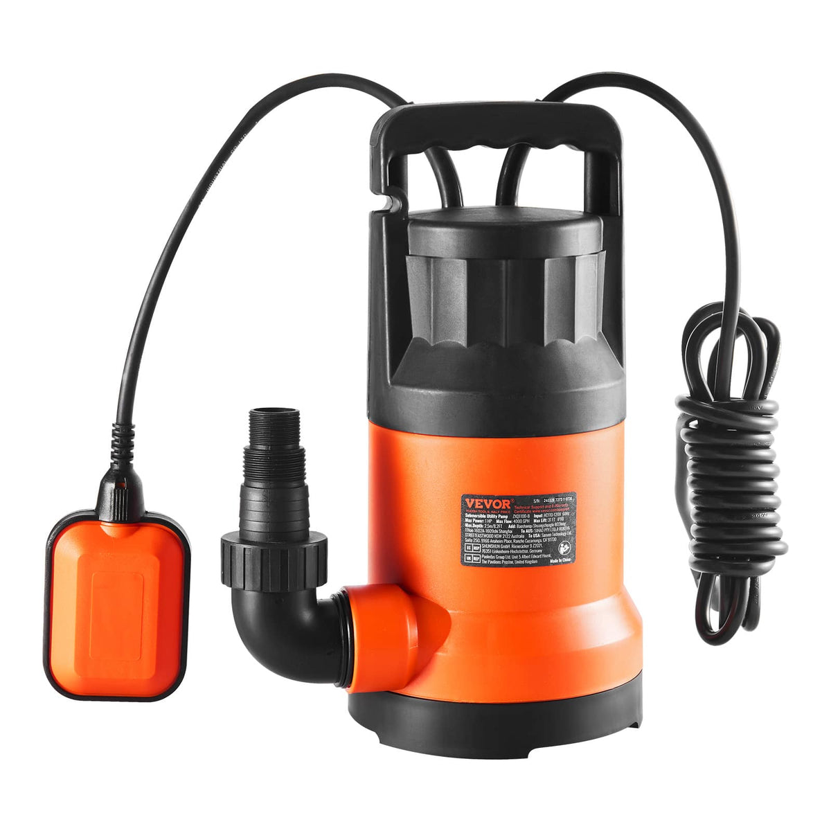 VEVOR - Utility Pump, 1 HP, 4000 GPH High Flow, 31 ft Head, Sump Pump Submersible Water Pump Portable Utility Pump - Orange;Black