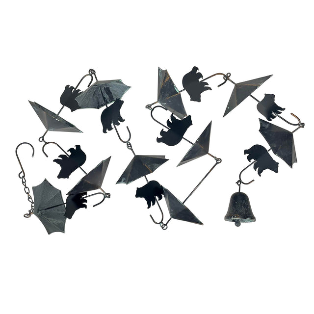 Front. Things2Die4 - Rustic Black Bear & Umbrella Rain Chain - 75" Long Distressed Verdigris Finish - Black.