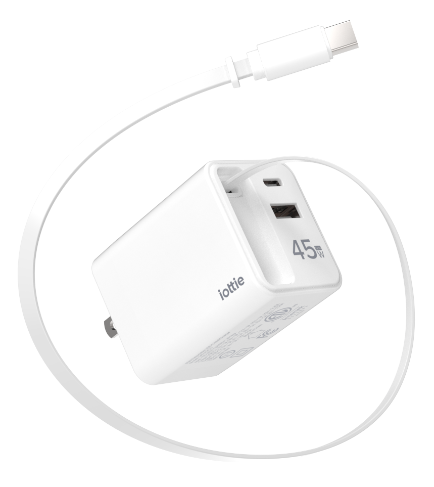 Basix by iOttie 45W GaN Wall Charger with Built-in Retractable USB-C Cable, Extra USB-C Port, Dual-Device Fast Charge - White