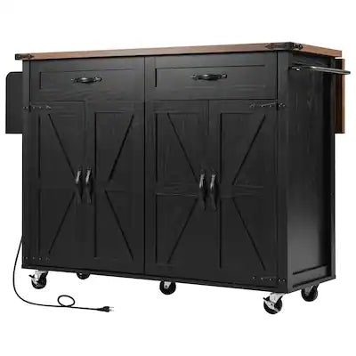 Forest'nSky - 53" Cabinet Kitchen Island with Two Tempered Glass Cabinet Doors, Power Outlet