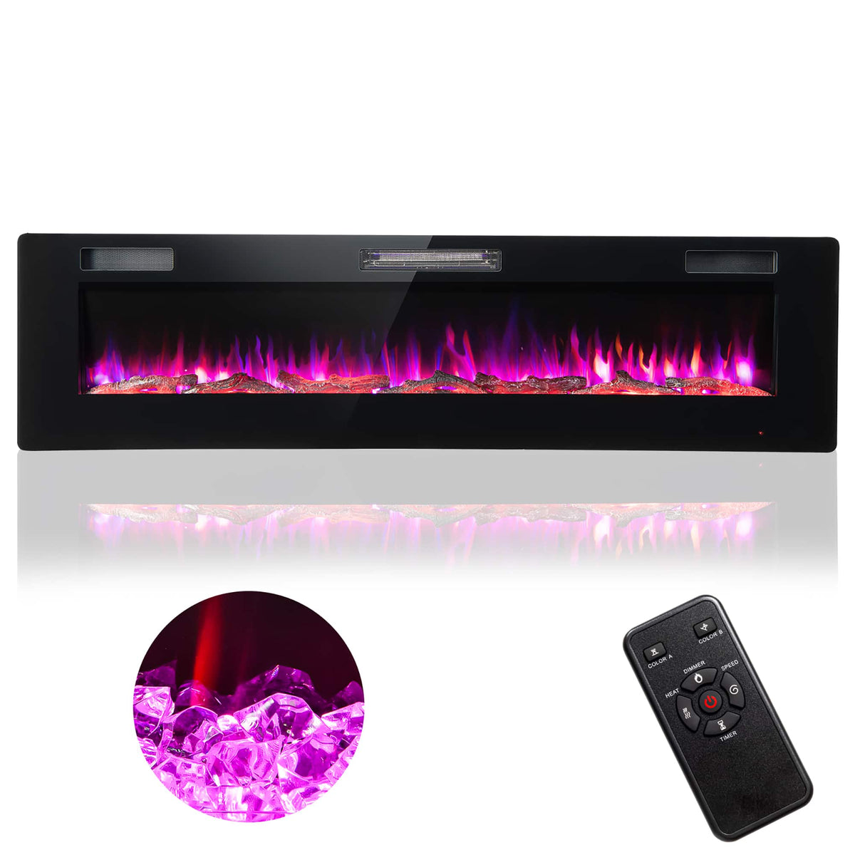 Costway - 68" Ultra-Thin Electric Fireplace Recessed Wall Mounted W/Crystal Log Decoration - Black