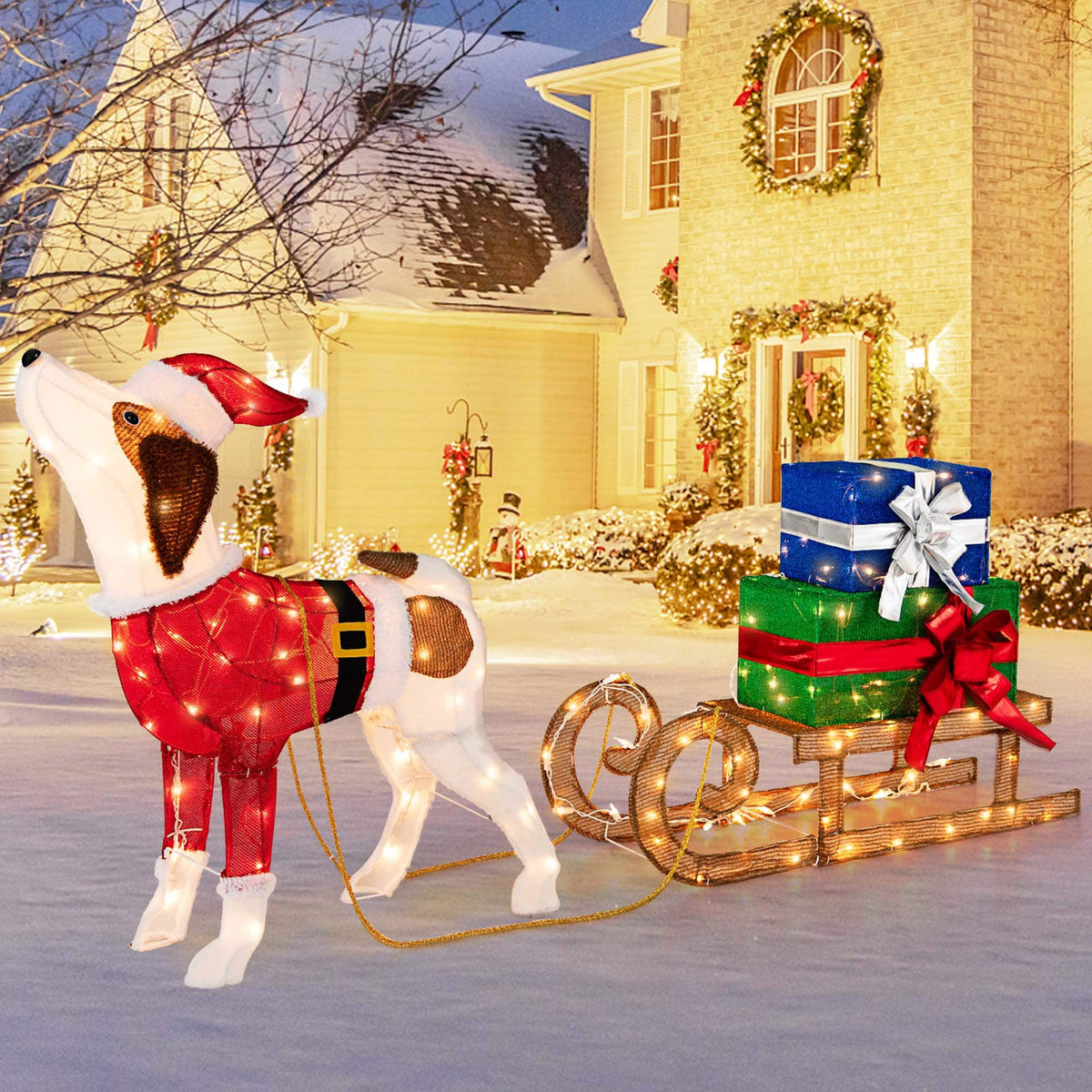 Costway - Pre-Lit Christmas Dog Sleigh & Gift Boxes Combo Christmas Decoration with 170 Lights - Multicolor