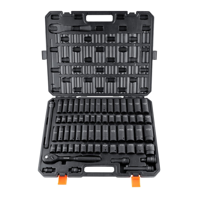 Front. VEVOR - 1/2" Drive Impact Socket Set, 65 Piece Socket Set SAE 3/8" to 1-1/4" and Metric 10-24mm, 6 Point Cr-V Alloy Steel - Black.