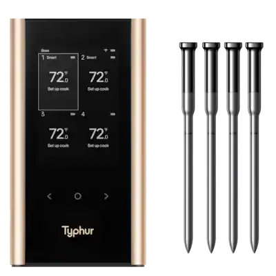 Typhur - Sync Gold Quad Smart Wireless Meat Thermometer, 3000 FT Sub-1G Enhanced Signal, WiFi Unlimited Range, 6 Sensor Probe