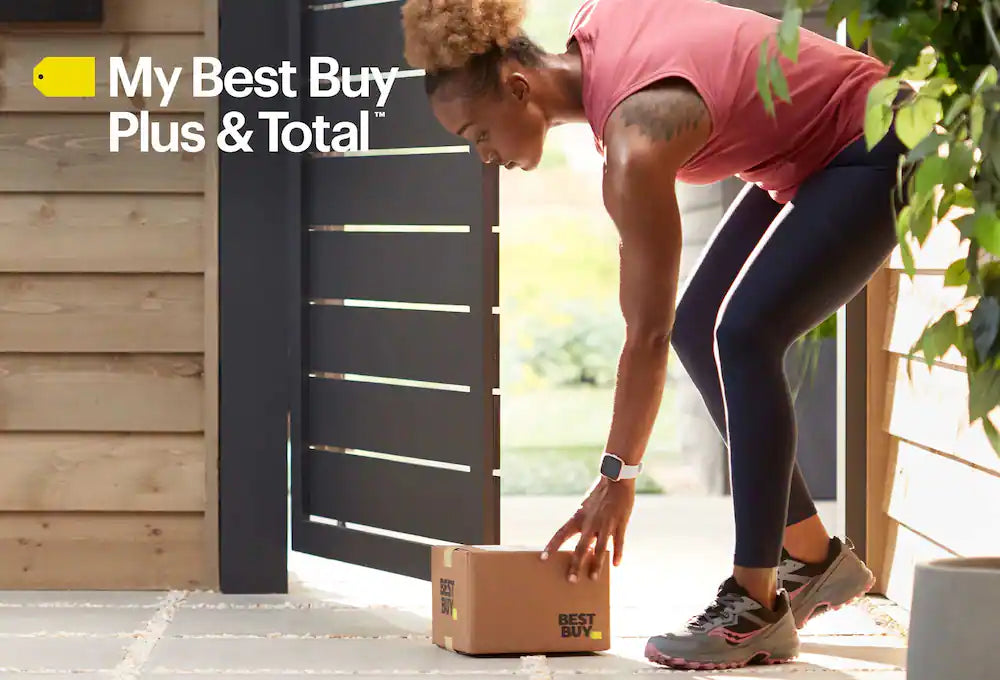 My Best Buy Plus & TotalTM - Woman picking up Best Buy package